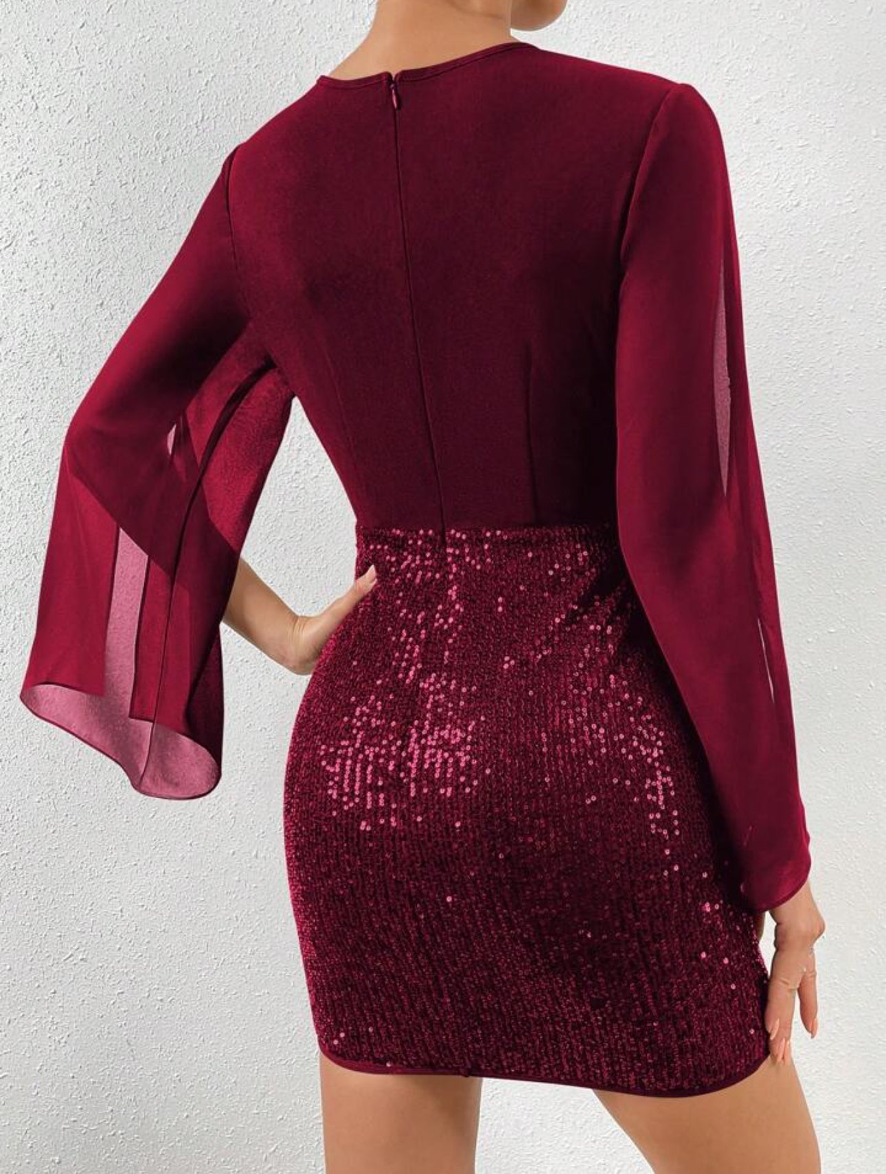 Wine Red Sequin Mini Dress with Cape Sleeves