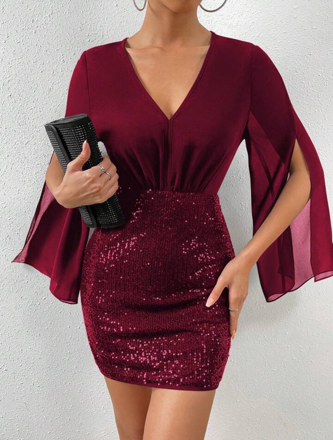 Wine Red Sequin Mini Dress with Cape Sleeves