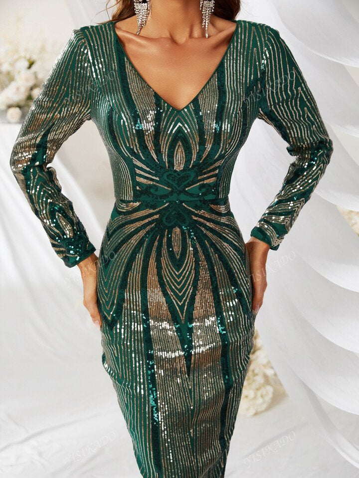 Emerald Green Sequin Bodycon Midi Dress