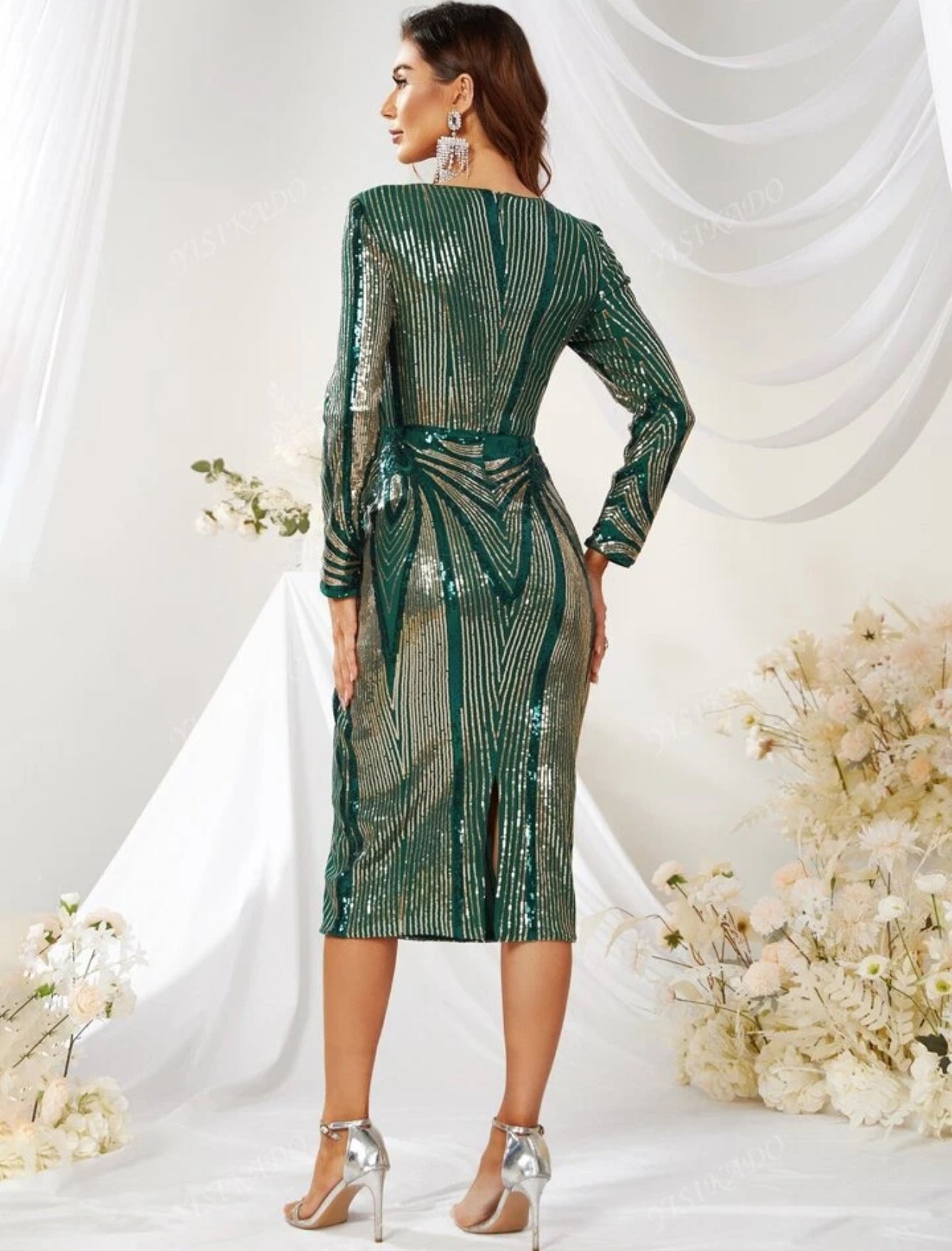 Emerald Green Sequin Bodycon Midi Dress