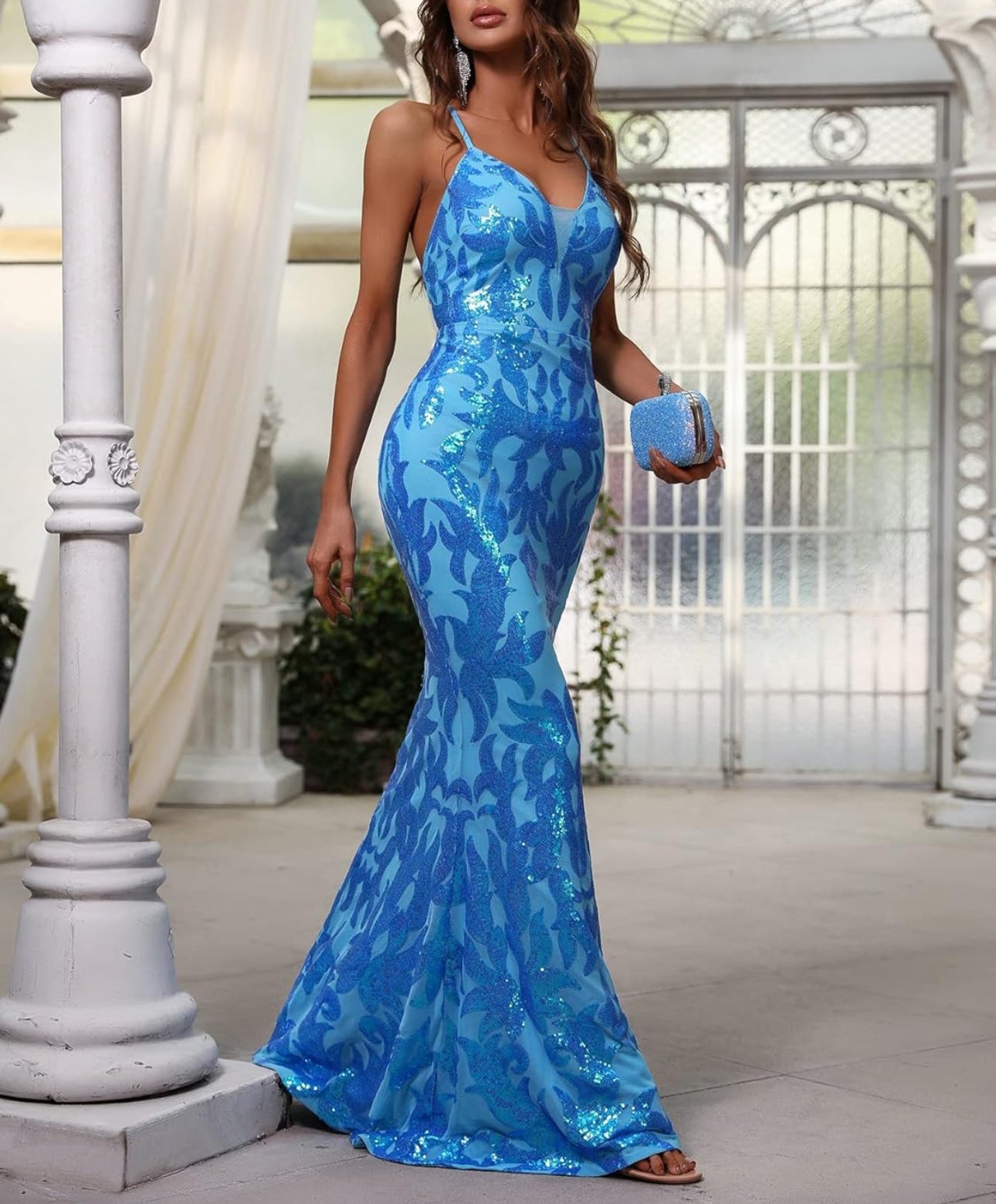 Ocean Blue Sequin Mermaid Gown with Criss-Cross Back