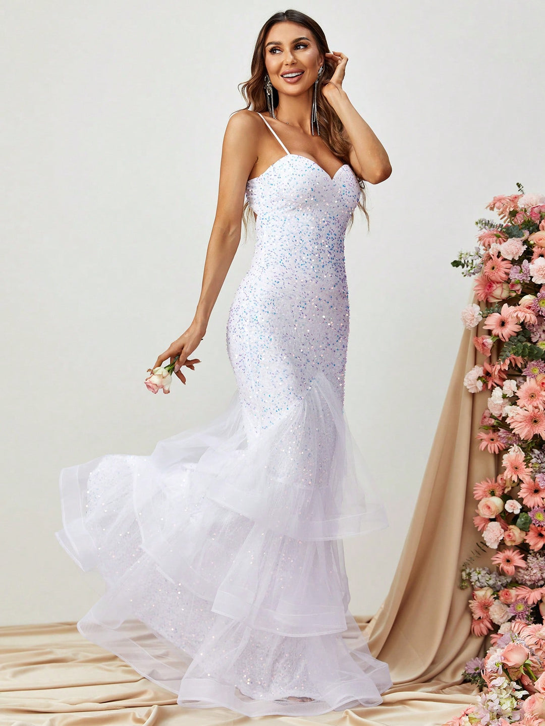 White Sequin Mermaid Gown with Tiered Tulle Hem