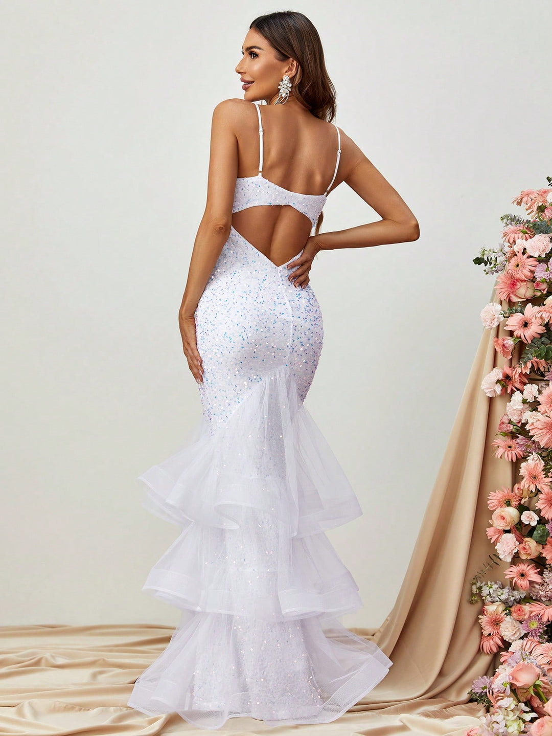 White Sequin Mermaid Gown with Tiered Tulle Hem