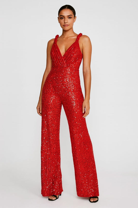 Red Sequin Deep V-Neck Wide-Leg Jumpsuit