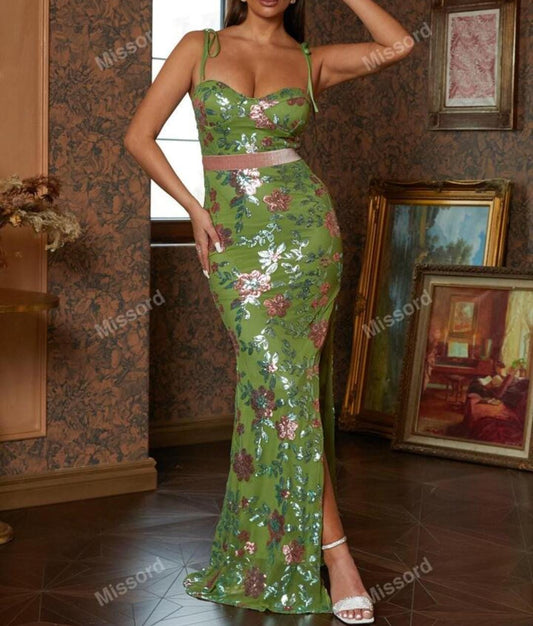 Spring Green Floral Sequin Gown