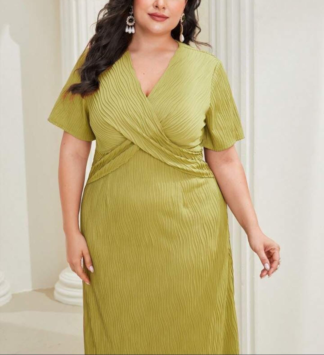 Olive Green Pleated Wrap Dress