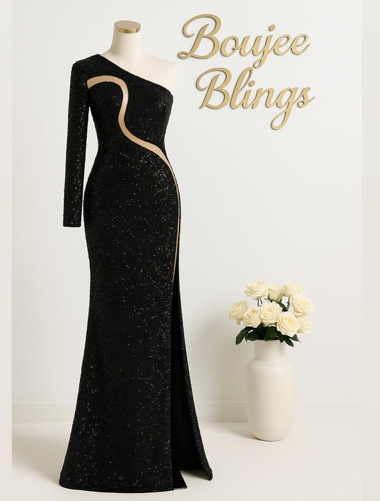 Black Enigma One-Shoulder Sequin Gown