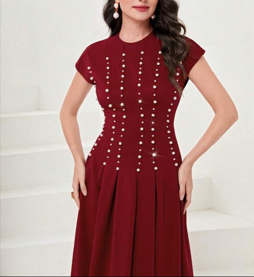 Wine Elegance Peqarl Embellished Midi Dress