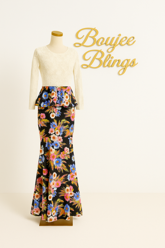 Elegant White Lace Peplum & Floral Maxi Dress