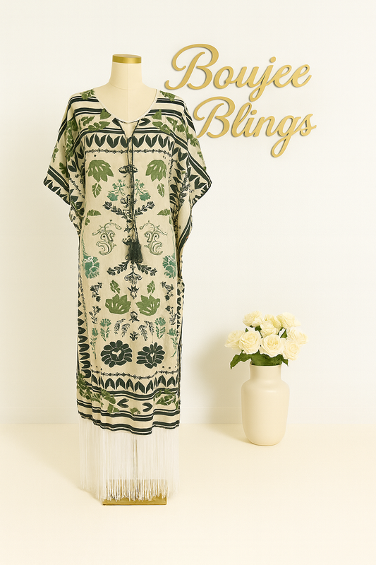 Bohemian Green Print Tassel Kaftan