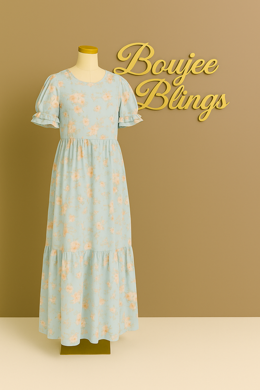 Soft Blue Floral Ruffle Midi Dress