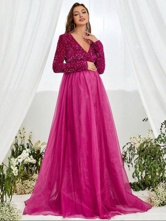 Fuchsia Radiance Sequin & Tulle Evening Gown