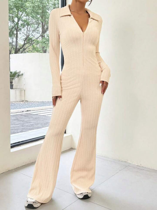 Beige Ribbed Knit Zipper Jumpsuit
