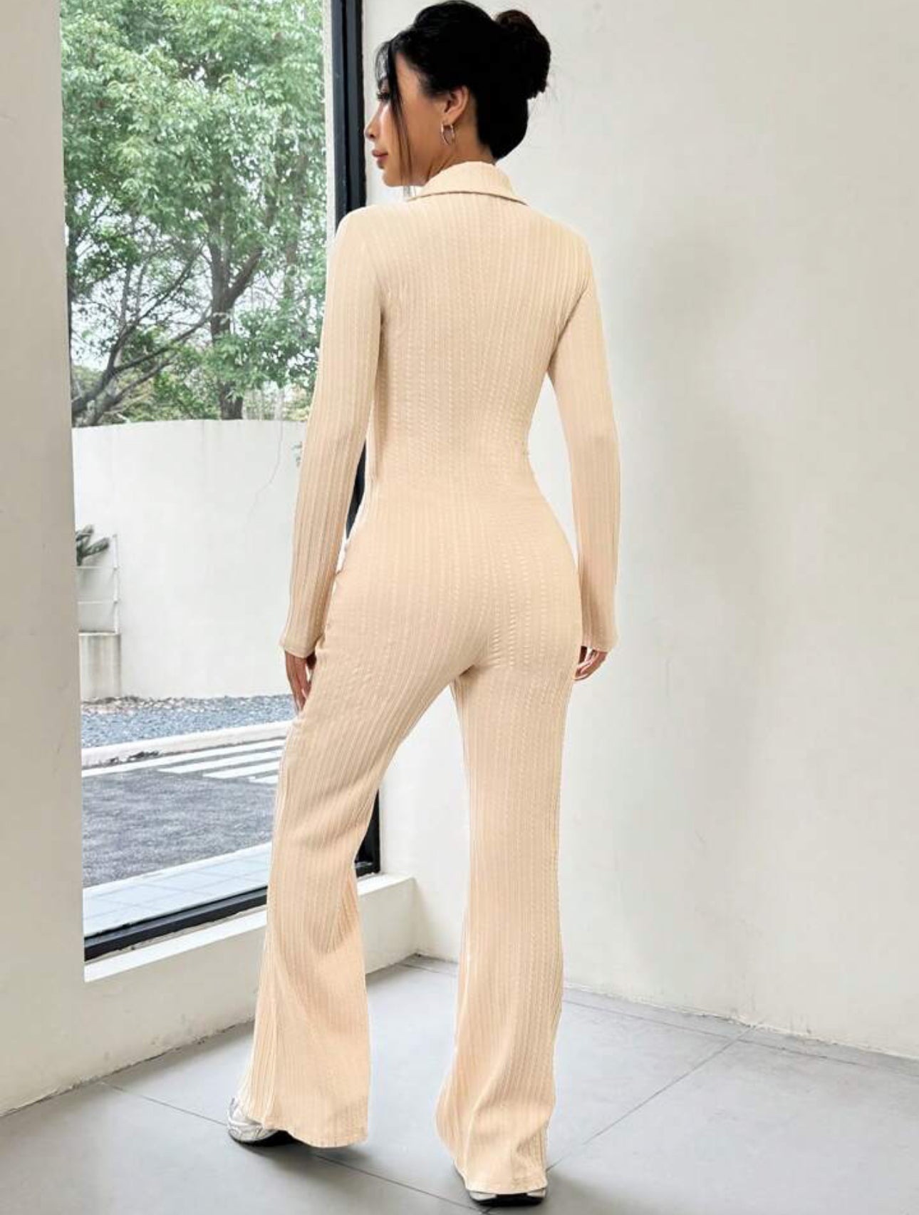 Beige Ribbed Knit Zipper Jumpsuit