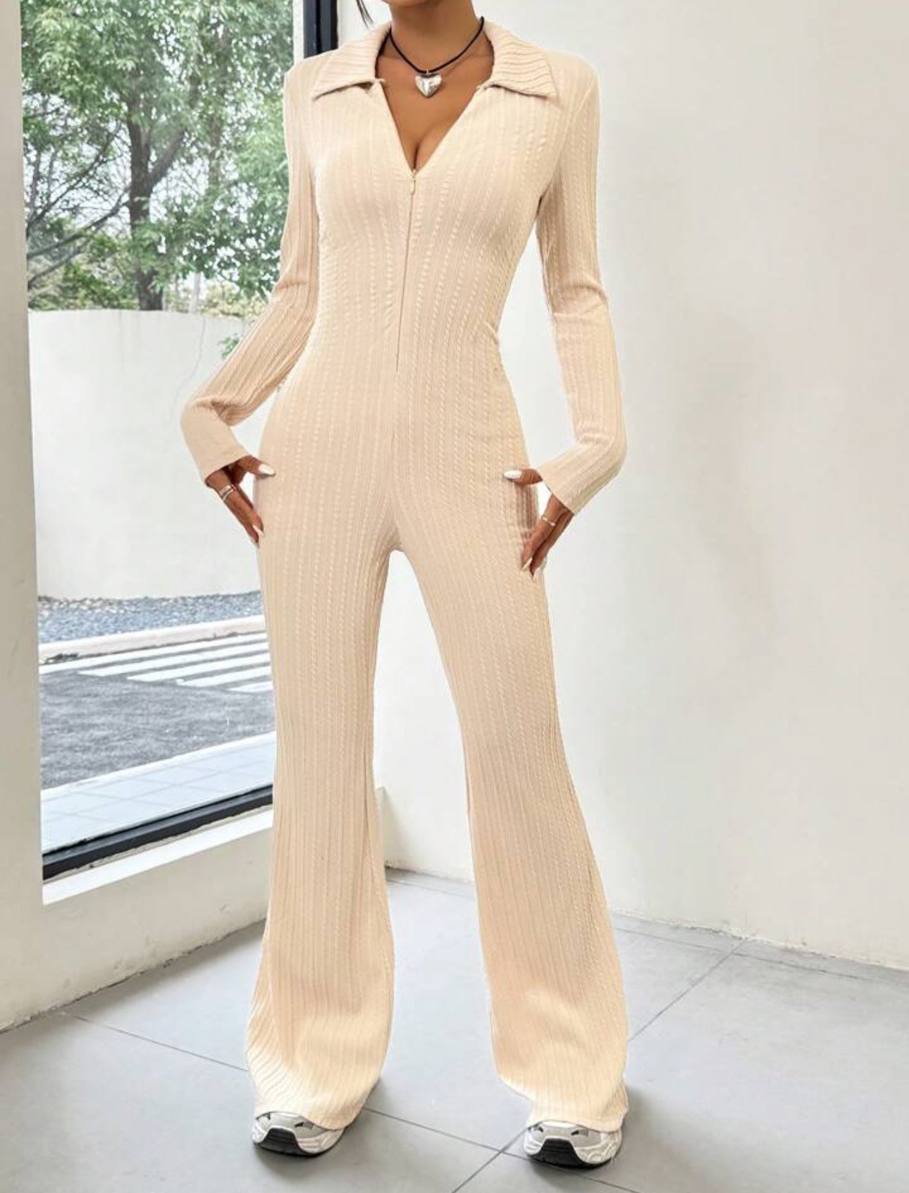 Beige Ribbed Knit Zipper Jumpsuit