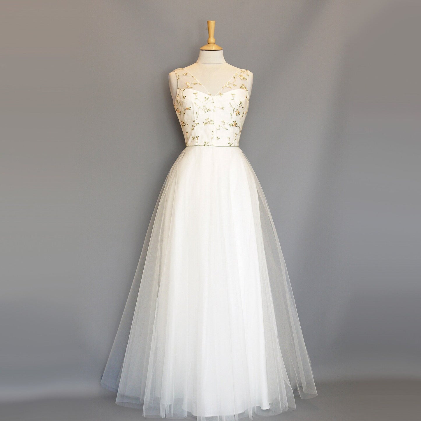 White Floral Embroidered Tulle Maxi Dress