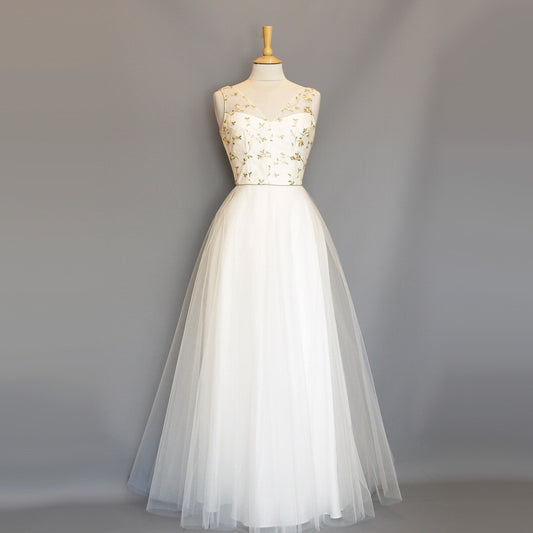White Floral Embroidered Tulle Maxi Dress