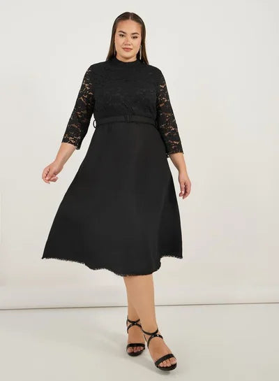 Black Lace Bodice A-Line Midi Dress