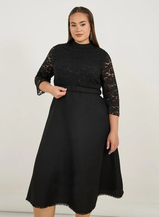 Black Lace Bodice A-Line Midi Dress