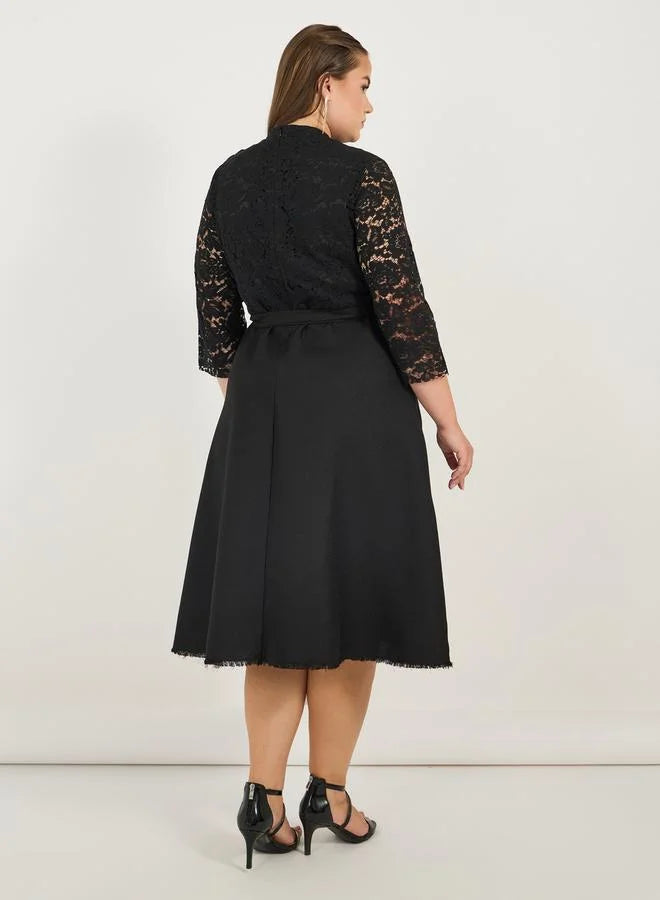 Black Lace Bodice A-Line Midi Dress