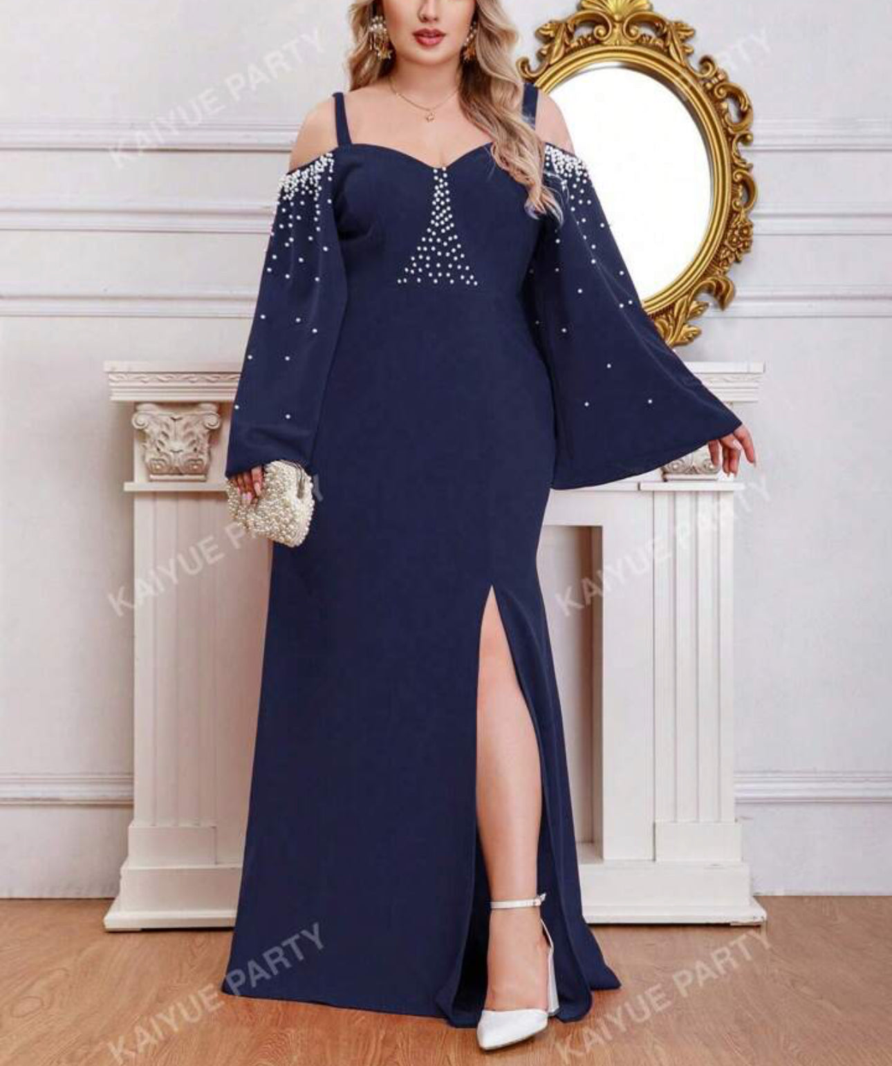 Navy Elegance Cold-Shoulder Gown