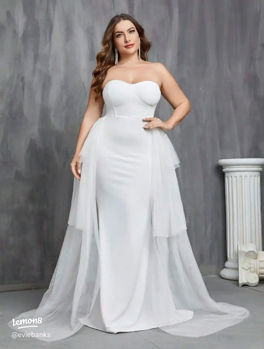 White Strapless Tulle Overlay Maxi Dress