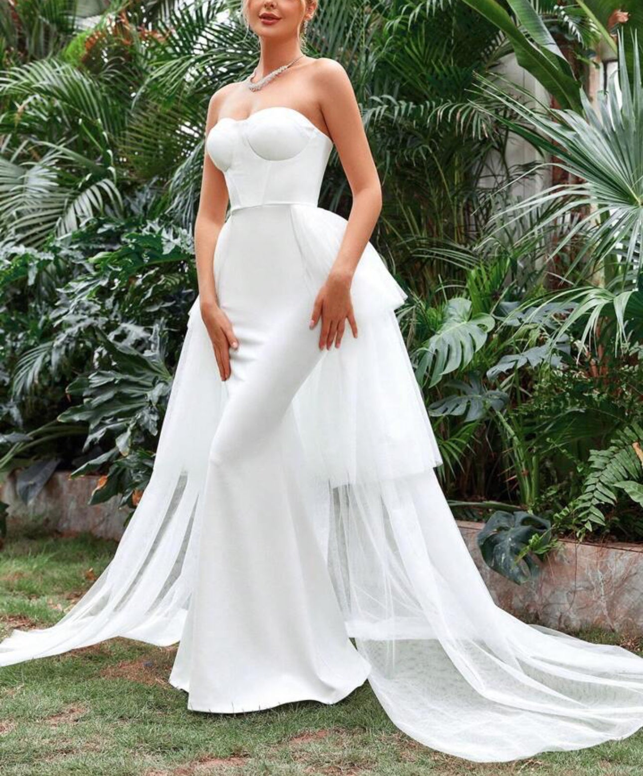 White Strapless Tulle Overlay Maxi Dress