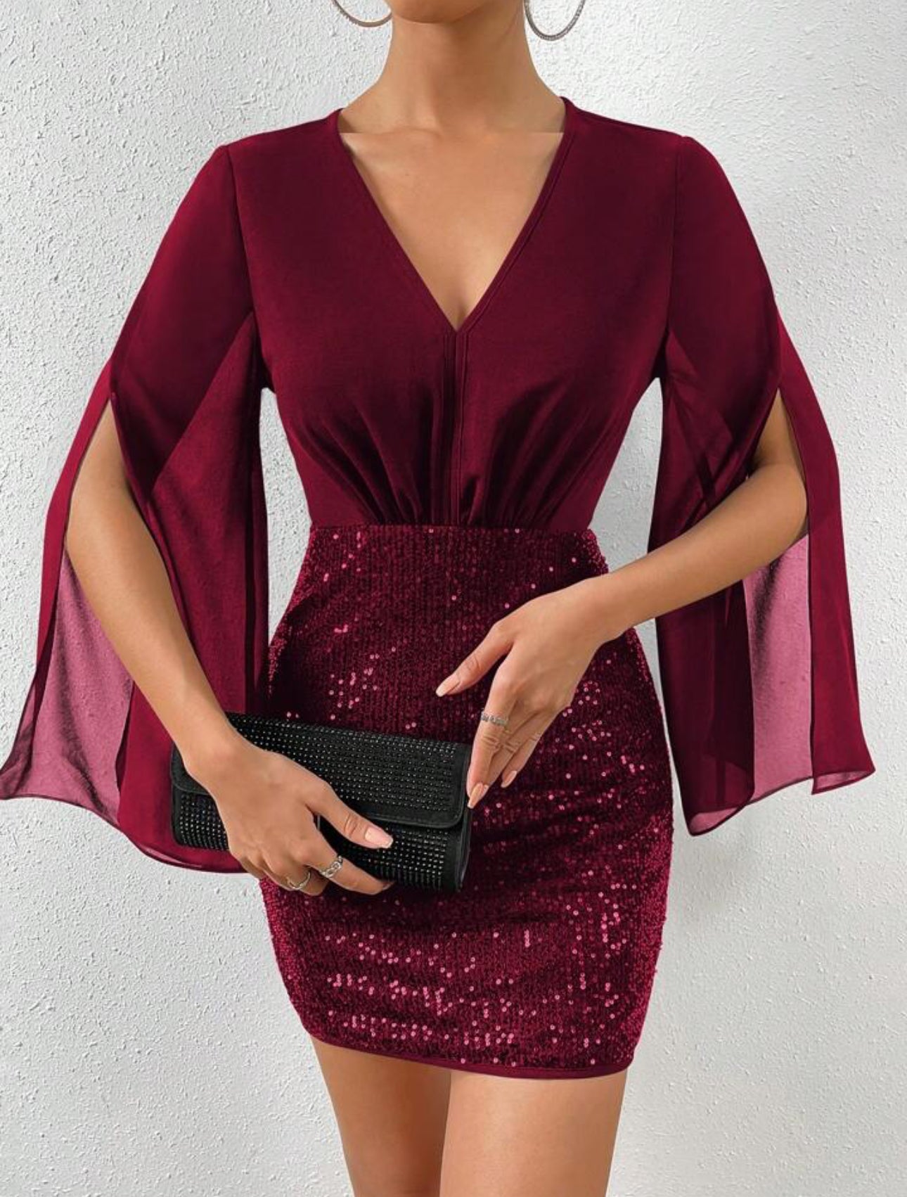 Wine Red Sequin Mini Dress with Cape Sleeves