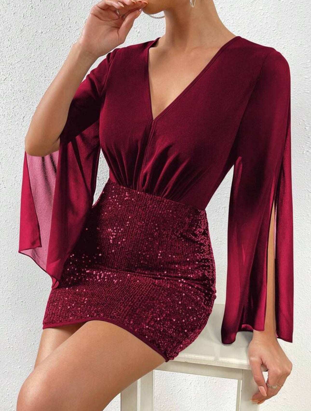 Wine Red Sequin Mini Dress with Cape Sleeves