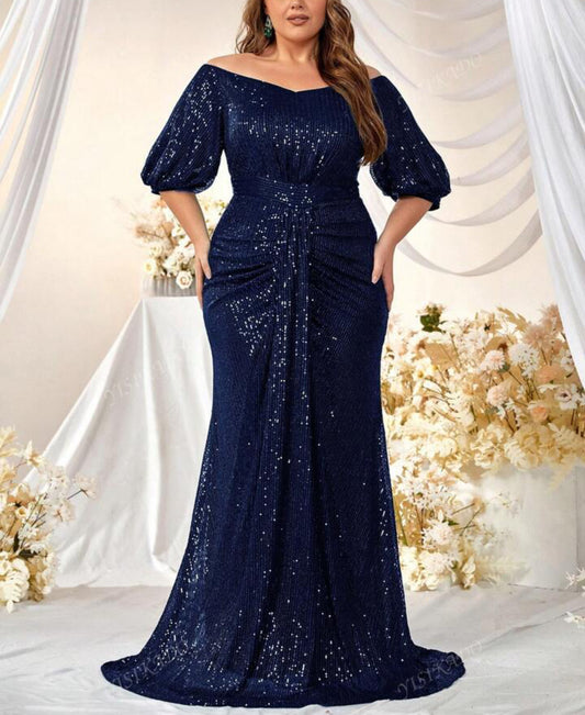 Navy Sequin Off-Shoulder Gown With Puff Sleeves