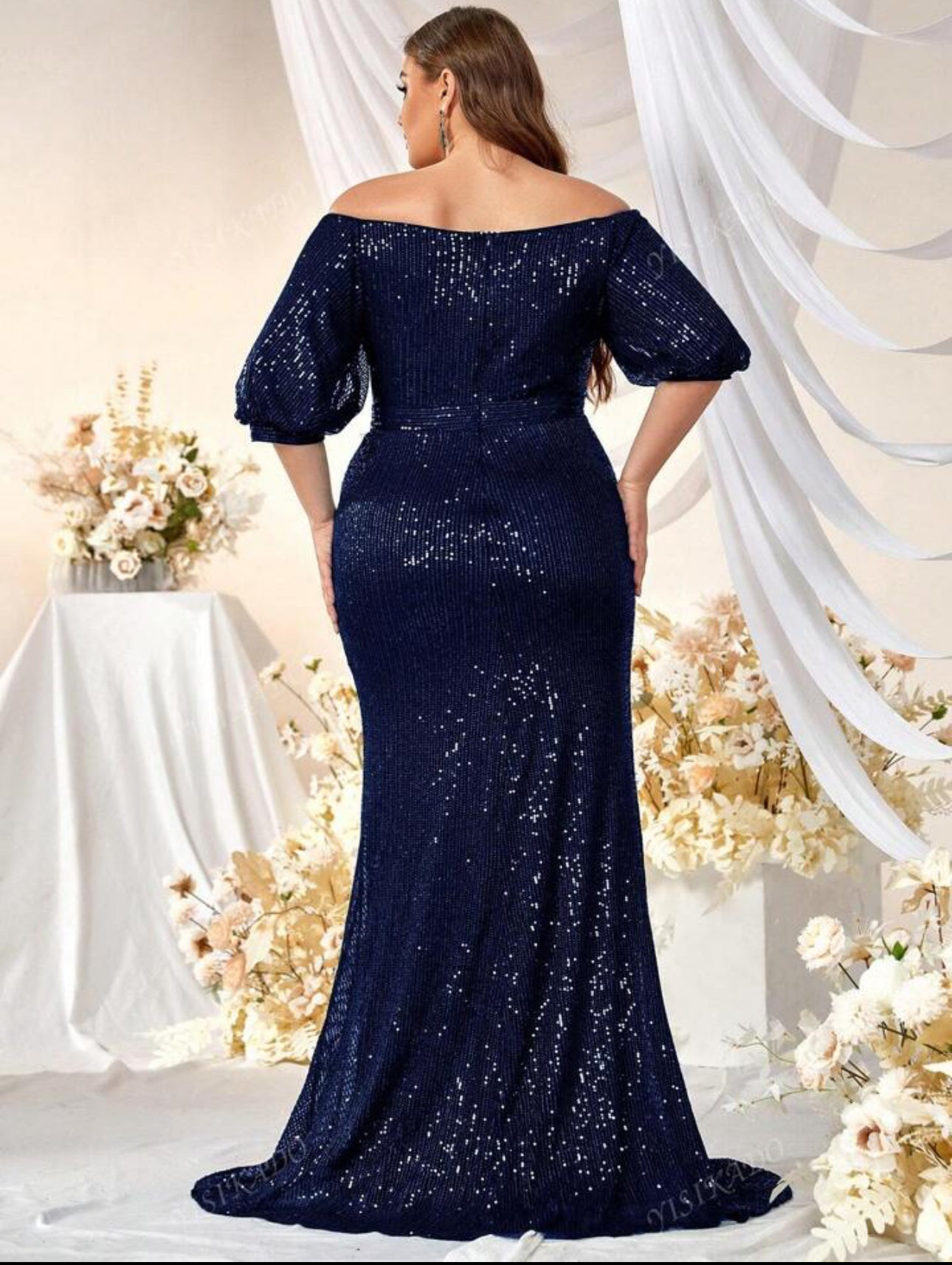 Navy Sequin Off-Shoulder Gown With Puff Sleeves