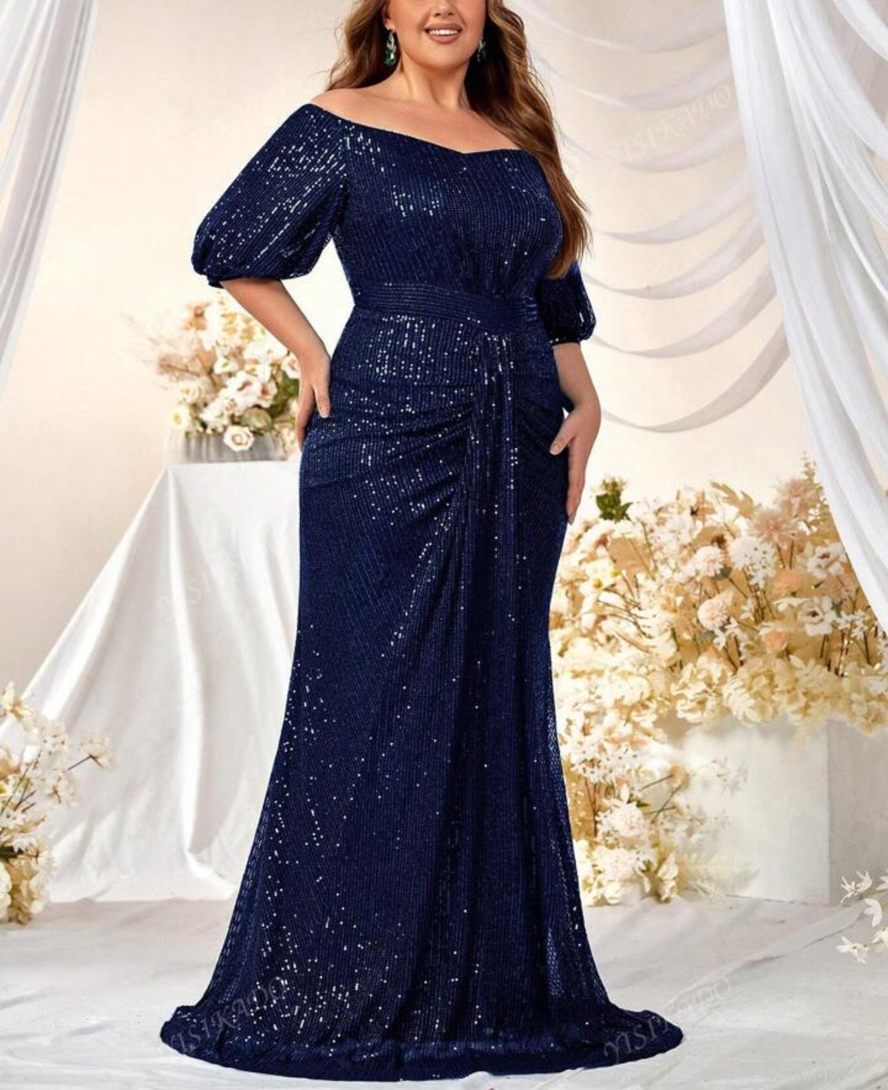 Navy Sequin Off-Shoulder Gown With Puff Sleeves
