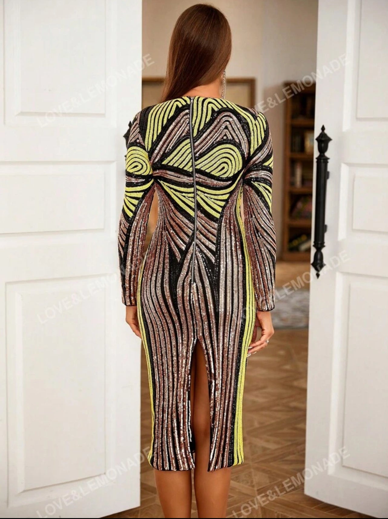Neon Yellow & Black Sequin Bodycon Midi Dress