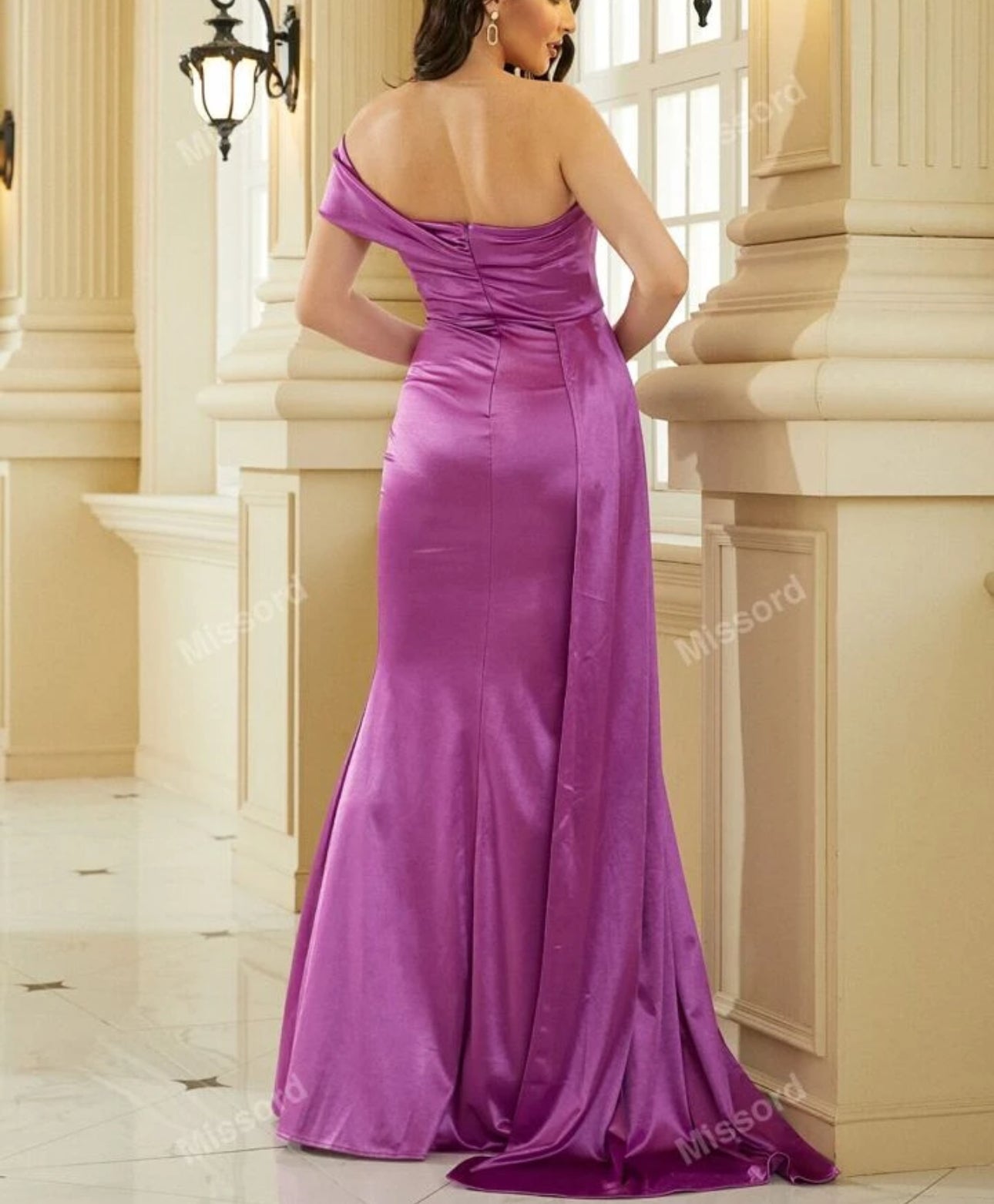 Purple Satin Off-Shoulder Gown with Lace Detailing