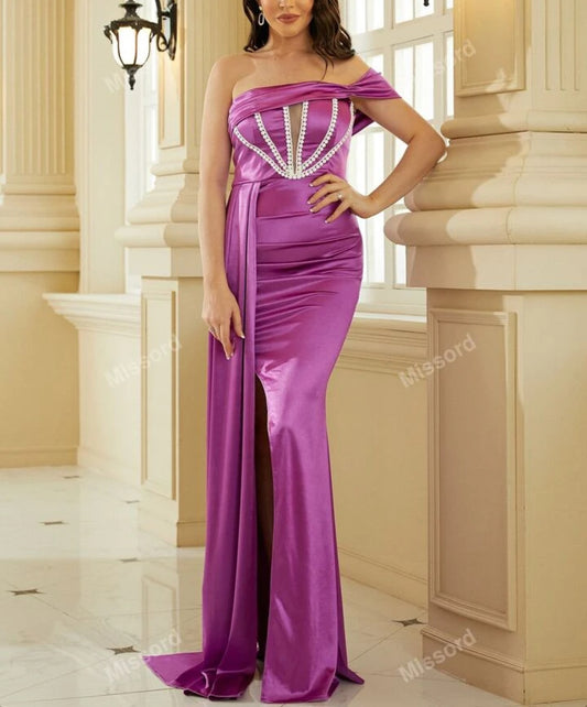 Purple Satin Off-Shoulder Gown with Lace Detailing