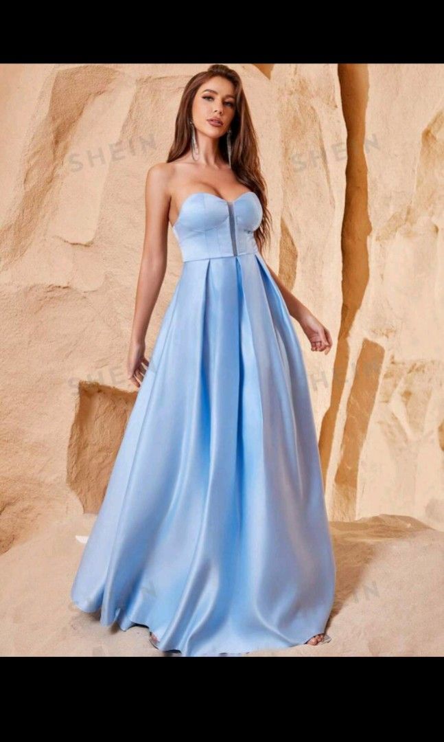 Sky Blue Strapless Satin Ball Gown