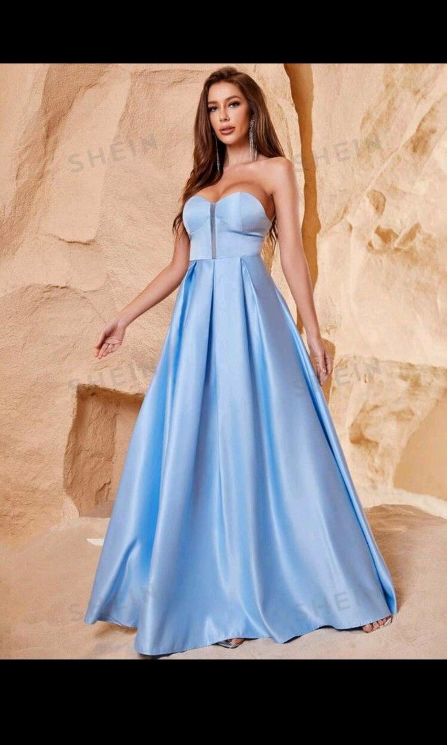 Sky Blue Strapless Satin Ball Gown