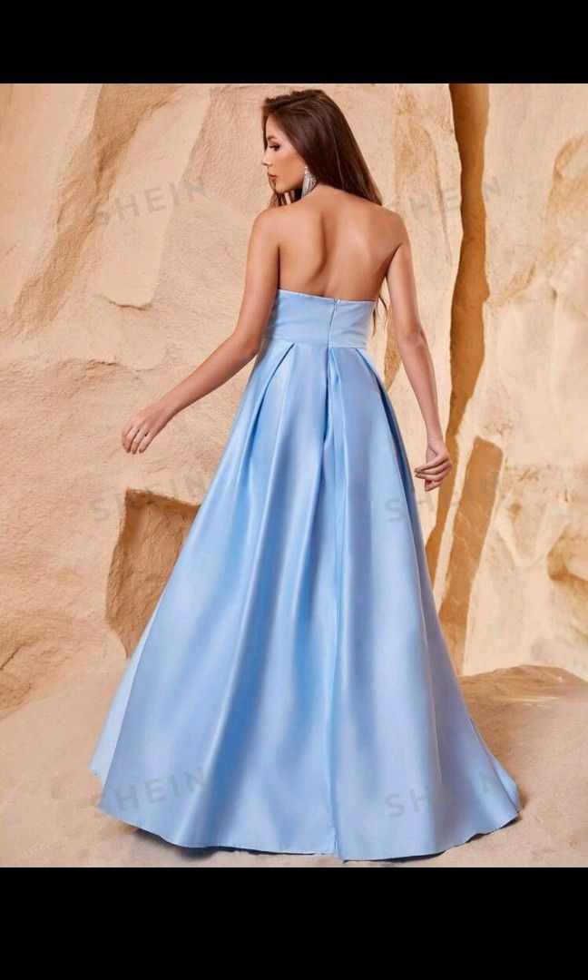 Sky Blue Strapless Satin Ball Gown
