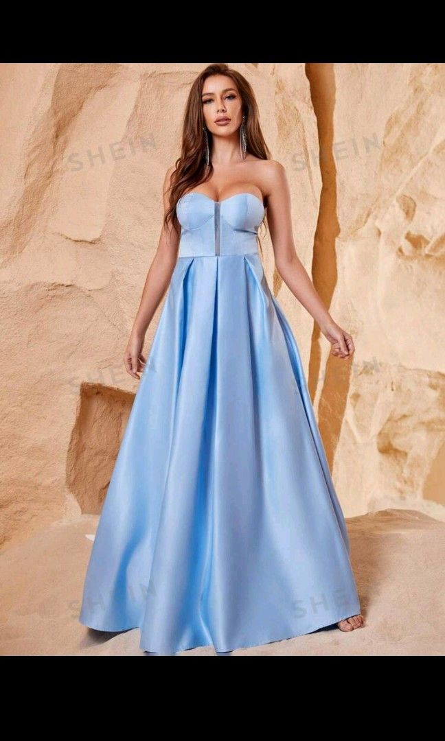 Sky Blue Strapless Satin Ball Gown