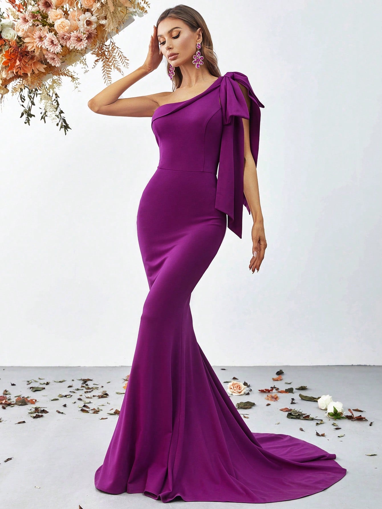 Purple One-Shoulder Mermaid Gown with Bow Detail