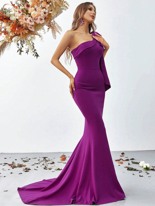 Purple One-Shoulder Mermaid Gown with Bow Detail