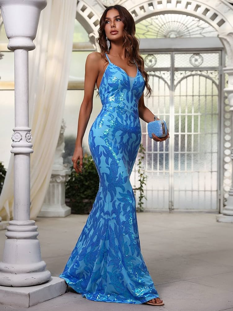 Ocean Blue Sequin Mermaid Gown with Criss-Cross Back