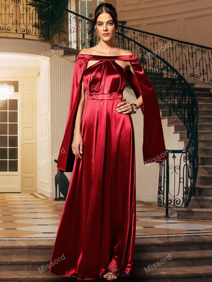 Red Silk Off-Shoulder Gown with Cape Sleeves