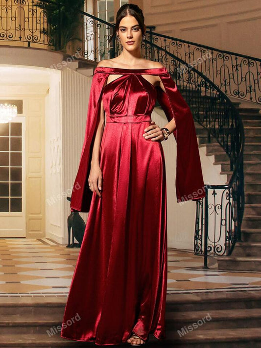 Red Silk Off-Shoulder Gown with Cape Sleeves