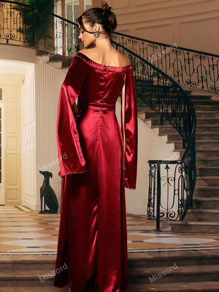 Red Silk Off-Shoulder Gown with Cape Sleeves