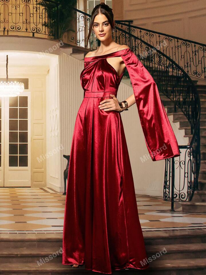 Red Silk Off-Shoulder Gown with Cape Sleeves