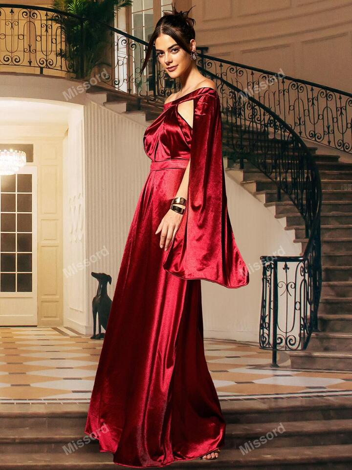 Red Silk Off-Shoulder Gown with Cape Sleeves