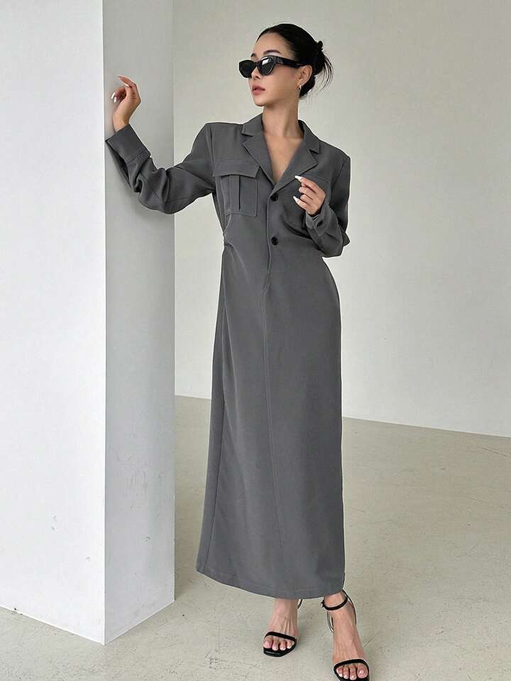 Charcoal Elegance Long Blazer Dress