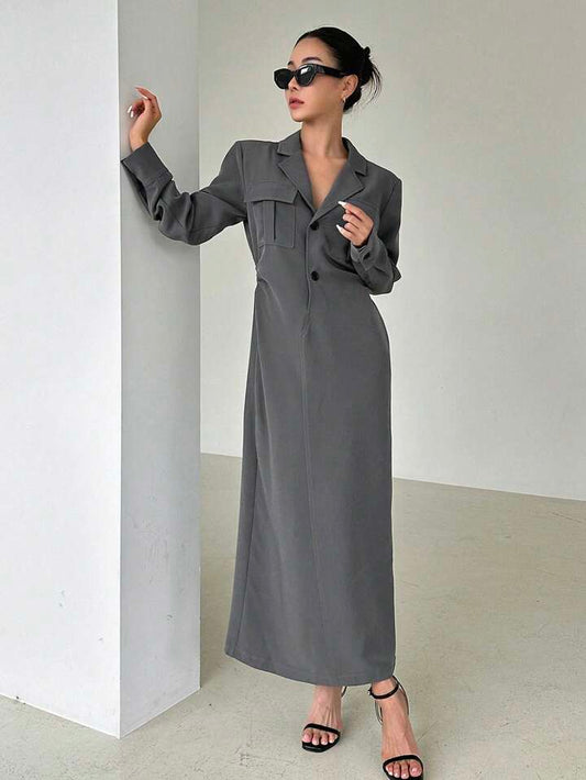 Charcoal Elegance Long Blazer Dress