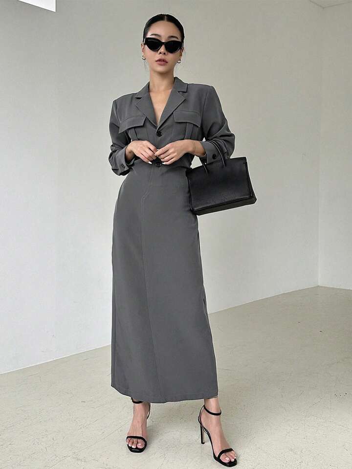 Charcoal Elegance Long Blazer Dress